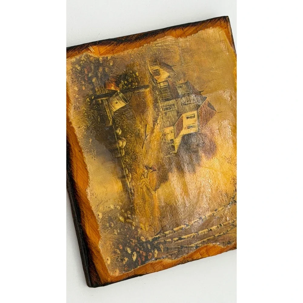 Vintage Rustic Wood Landscape Coaster Set of 4 Country‎ House Cabin Art Decor